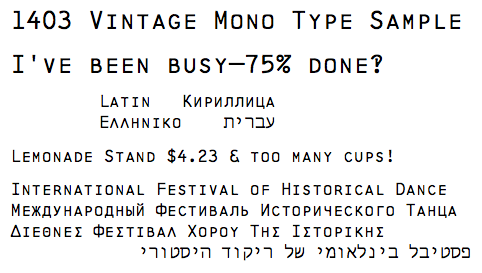 1403 Vintage Mono Type Sample with Latin, Cyrillic, Greek, and Hebrew